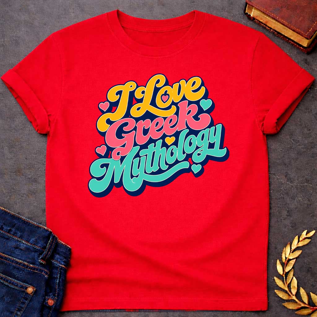 Redn t-shirt with a Colorful retro typography design featuring the phrase "I Love Greek Mythology" in bold, flowing script. Bright yellow, coral pink, and turquoise lettering is layered over a dark navy outline and surrounded by playful heart accents. The vibrant vintage-inspired design celebrates a love of Greek myths, gods, goddesses, heroes, and ancient legends.