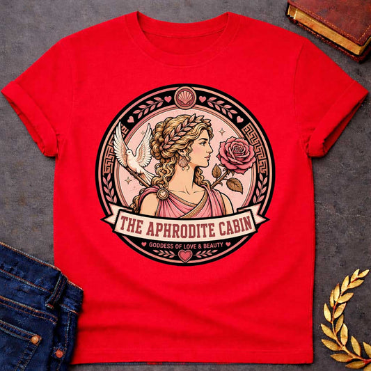 Red t-shirt with a Aphrodite Greek mythology cabin design featuring the goddess of love and beauty in a pink robe and laurel crown, surrounded by a rose, white dove, hearts, seashells, and Greek key details. Circular pink and black emblem includes the text “The Aphrodite Cabin” and “Goddess of Love & Beauty,”