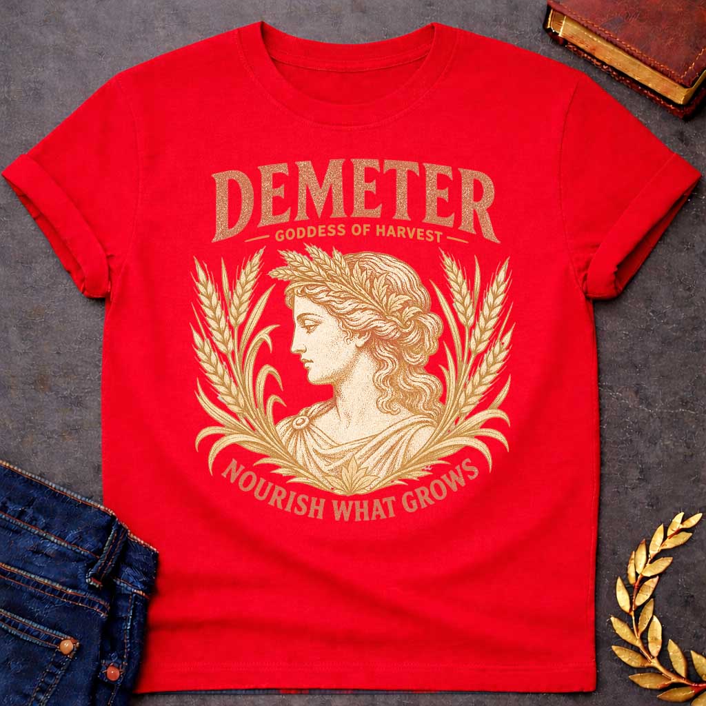 Red t-shirt with a Vintage Greek mythology design featuring Demeter, goddess of harvest, framed by golden wheat and grain. Distressed coral and gold artwork shows the goddess wearing a wheat crown with the text “Demeter Goddess of Harvest” and “Nourish What Grows,” celebrating nature, agriculture, and abundance.