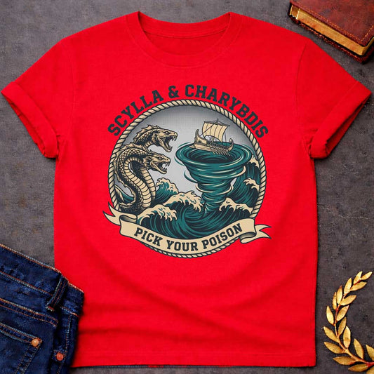 Red t-shirt with A nautical, vintage-style graphic depicting Greek mythology. Encased in a circular rope frame, a wooden ship is caught on stormy teal waves between a multi-headed sea monster and a massive swirling whirlpool. Bold text arched along the top reads "SCYLLA & CHARYBDIS", while a beige scroll banner at the bottom displays the phrase "PICK YOUR POISON" in a dark block font.