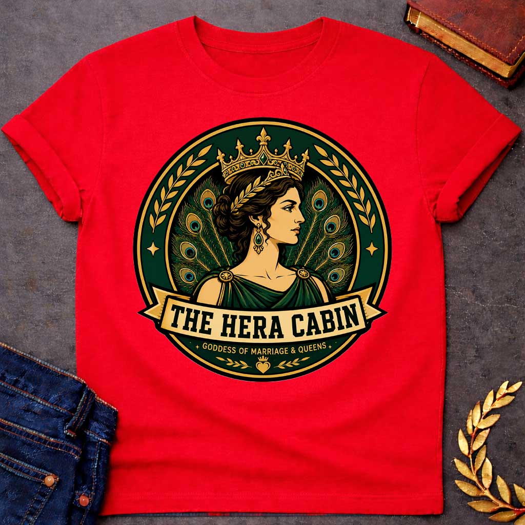 Red t-shirt with a Hera Greek mythology cabin design featuring the queen of the gods wearing an ornate golden crown and laurel accents, surrounded by elegant peacock feathers and decorative branches. Rich emerald green, gold, and black circular camp-style emblem includes the text “The Hera Cabin” and “Goddess of Marriage & Queens”