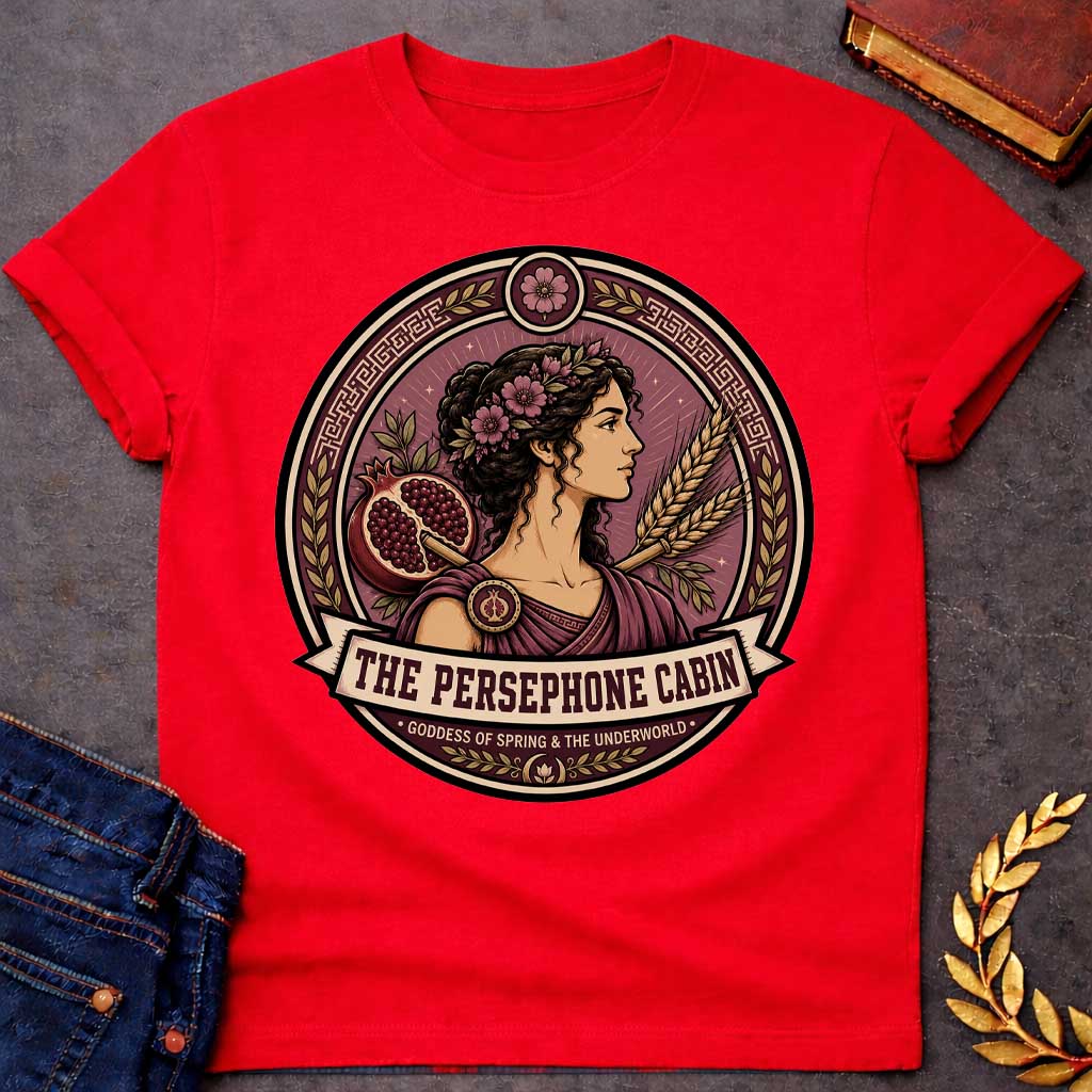Red t-shirt with a Persephone Greek mythology cabin design featuring the goddess of spring and the Underworld wearing a floral crown and purple robes, surrounded by blooming flowers, a split pomegranate, wheat stalks, laurel leaves, and Greek key patterns. Burgundy and cream circular emblem includes the text “The Persephone Cabin” and “Goddess of Spring & the Underworld,”