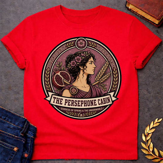 Red t-shirt with a Persephone Greek mythology cabin design featuring the goddess of spring and the Underworld wearing a floral crown and purple robes, surrounded by blooming flowers, a split pomegranate, wheat stalks, laurel leaves, and Greek key patterns. Burgundy and cream circular emblem includes the text “The Persephone Cabin” and “Goddess of Spring & the Underworld,”