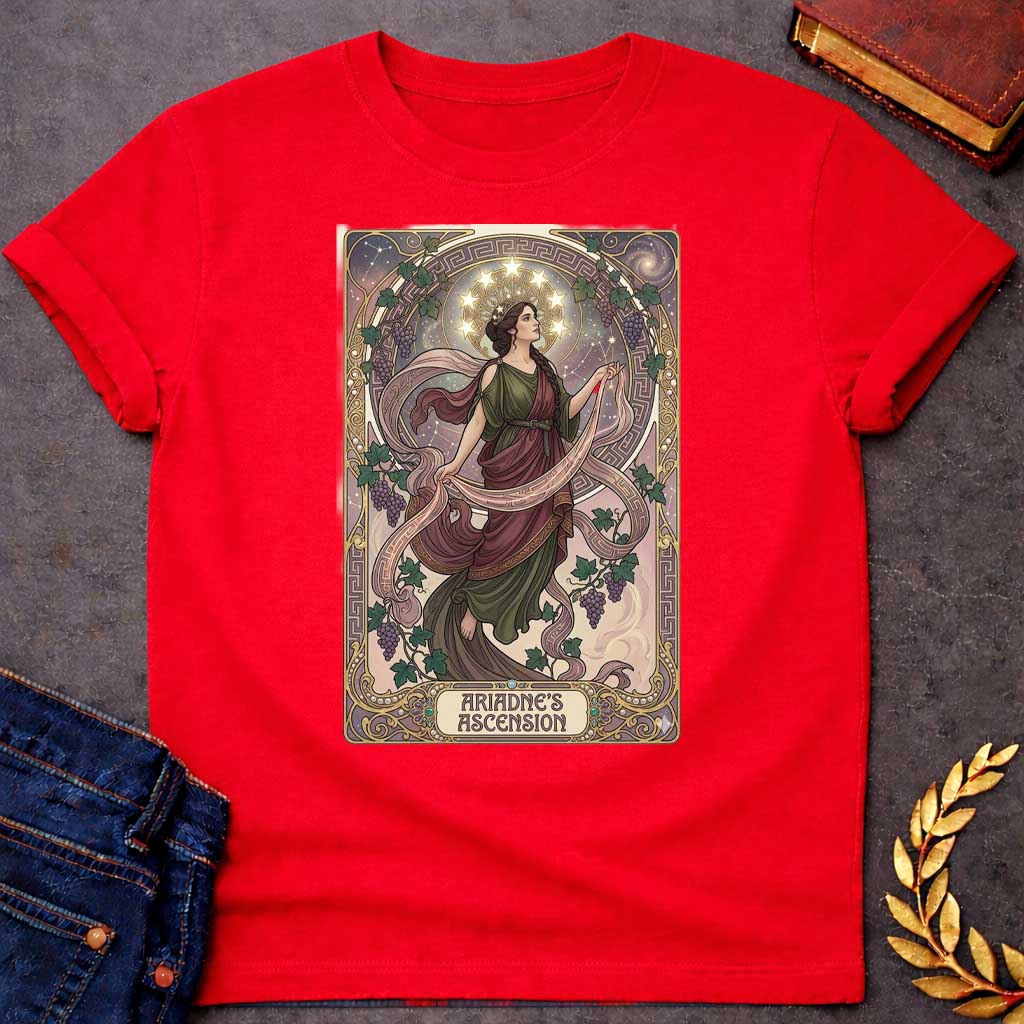 Red T-shirt with An Art Nouveau-style t-shirt graphic. Modeled like a tarot card, a graceful Greek woman floats upward, wearing a flowing green and plum gown beneath a crown of glowing stars. She is framed by an elegant, ornate golden border interwoven with purple grapevines and Greek key patterns. A decorative banner at the base displays the title "ARIADNE'S ASCENSION" in a stylized font.
