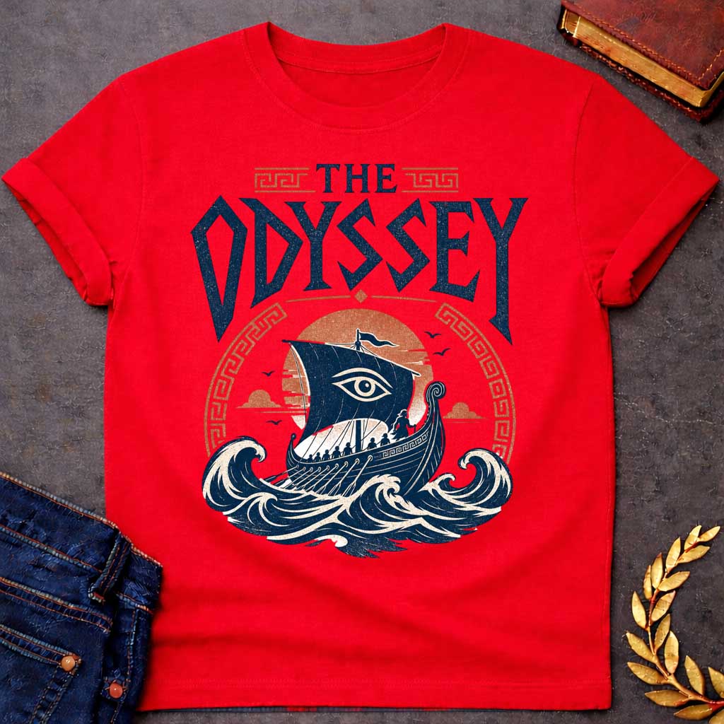 Red t-shirt with a Vintage Greek mythology design inspired by The Odyssey, featuring Odysseus and his crew sailing an ancient Greek ship across powerful ocean waves. A watchful eye decorates the sail, framed by a setting sun and Greek key motifs. Bold distressed lettering reads "The Odyssey," capturing the legendary voyage, adventure, and trials of Odysseus.