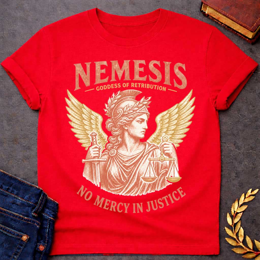Red t-shirt with a Vintage Nemesis Greek mythology design featuring the goddess of retribution in a classical helmet and laurel crown, holding a sword and scales of justice. Large golden wings frame the distressed terracotta portrait. Text reads “Nemesis,” “Goddess of Retribution,” and “No Mercy in Justice.”