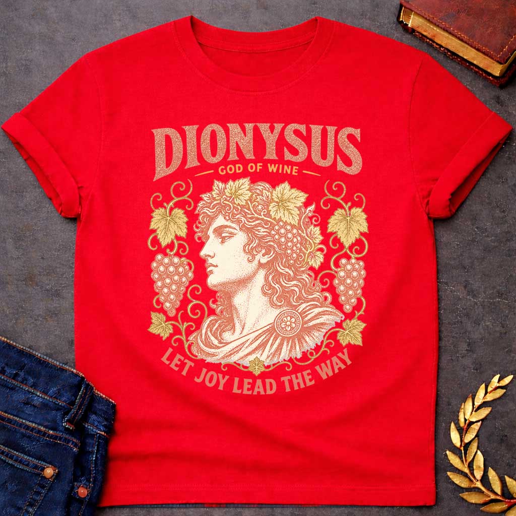 Red t-shirt with a Vintage Greek mythology design featuring Dionysus, god of wine, wearing a crown of grape leaves and fruit. Ornate grapevines frame the classical portrait in distressed coral and gold, with the text “Dionysus God of Wine” and “Let Joy Lead the Way,” celebrating wine, revelry, and joy.