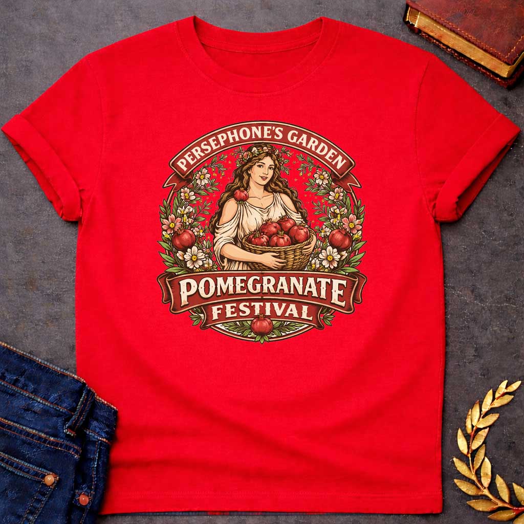 persephone garden greek mythology youth shirt featuring pomegranate, underworld queen symbolism in dark floral mythology design