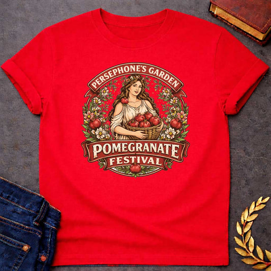 persephone garden greek mythology youth shirt featuring pomegranate, underworld queen symbolism in dark floral mythology design