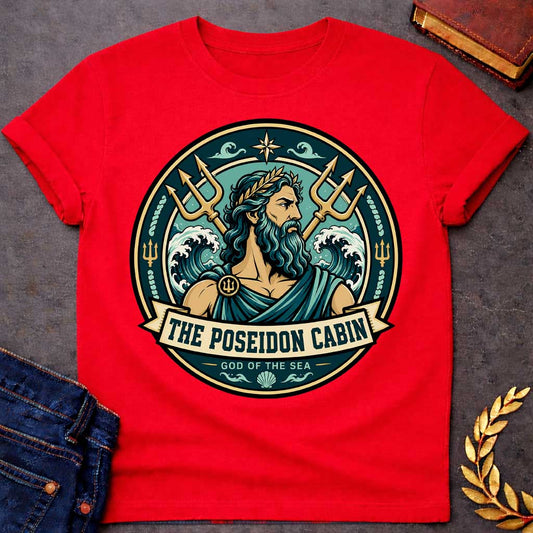 Red t-shirt with a Poseidon Greek mythology cabin design featuring the bearded god of the sea with a golden laurel crown, crossed tridents, crashing ocean waves, and nautical symbols. Teal, aqua, gold, and black circular camp-style emblem includes the text “The Poseidon Cabin” and “God of the Sea.”
