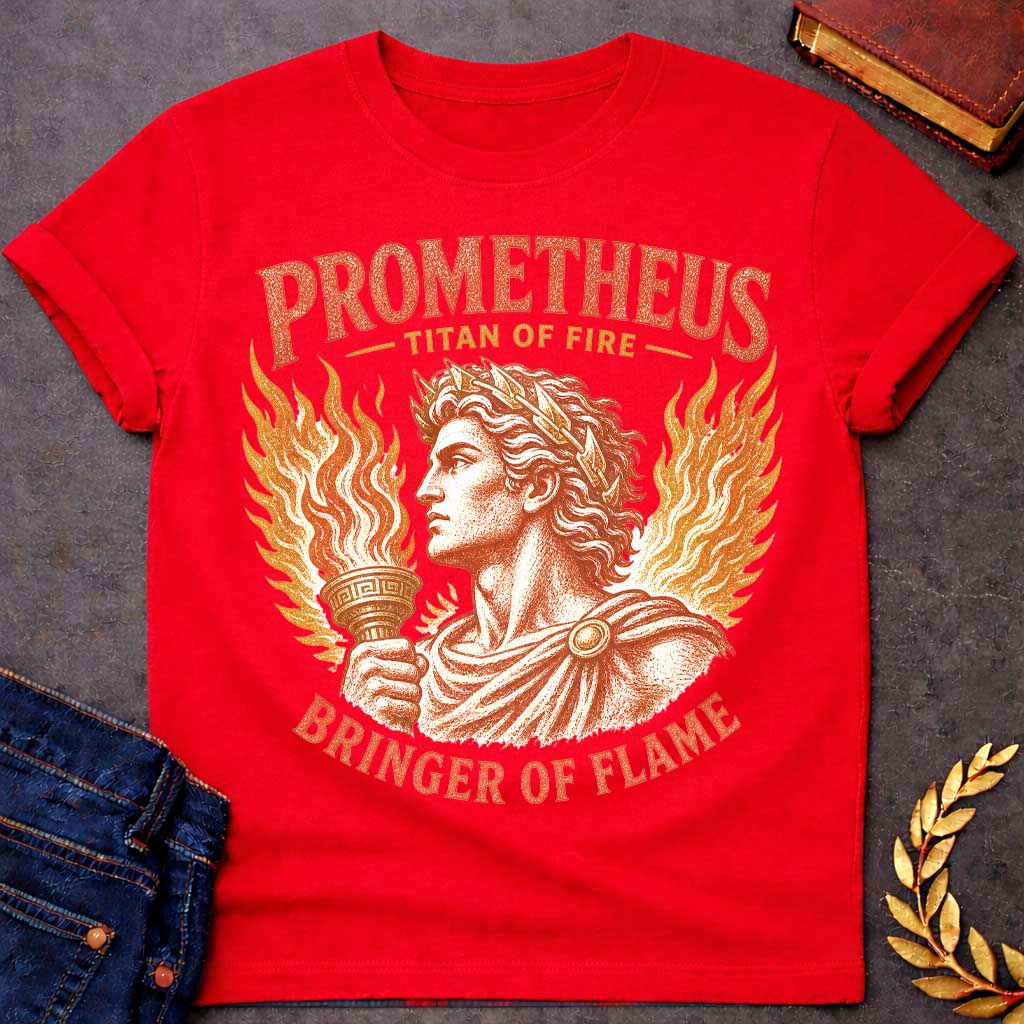 Red t-shirt with a Vintage Prometheus Greek mythology design featuring the Titan of fire holding a flaming torch, framed by dramatic flames and a laurel crown. Distressed terracotta and gold artwork includes the bold text “Prometheus,” “Titan of Fire,” and “Bringer of Flame,” celebrating the legendary figure who brought fire to humanity.