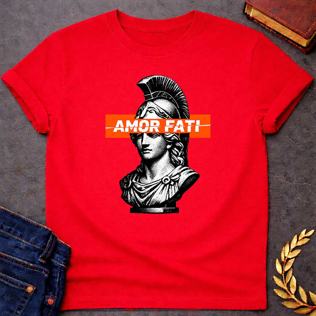 athena amor fati greek mythology adult t shirt featuring owl, laurel wreath, wisdom symbolism in vintage Greek mythology design