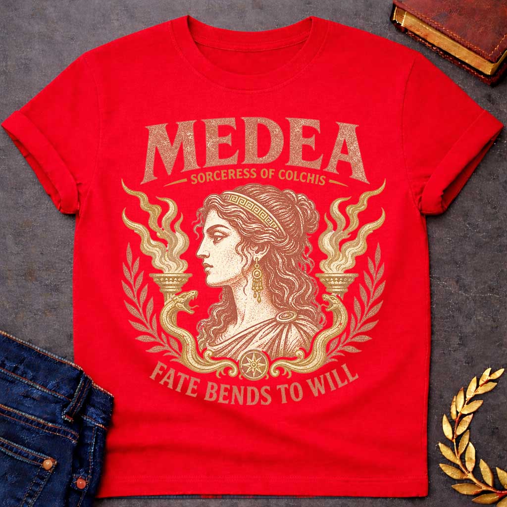 Red t-shirt with a Vintage Medea Greek mythology design featuring the Sorceress of Colchis in an elegant classical portrait, framed by mystical flames, serpents, and laurel branches. Distressed terracotta and gold artwork includes bold text reading “Medea,” “Sorceress of Colchis,” and “Fate Bends to Will,” creating a dramatic ancient Greek aesthetic.