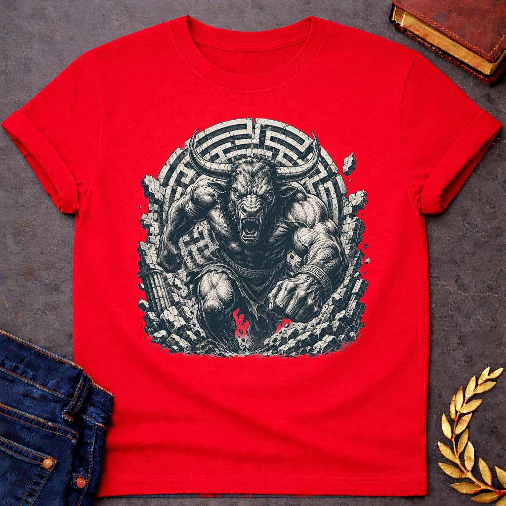 Red T-shirt with An intense, detailed engraving-style graphic. A powerful, muscular Minotaur with sharp horns and a roaring, ferocious expression bursts forward through a crumbling stone wall. In the background, a large circular labyrinth pattern frames the beast. The character wears ancient Greek-patterned arm bands and a loincloth, captured in a gritty, high-contrast black and white aesthetic