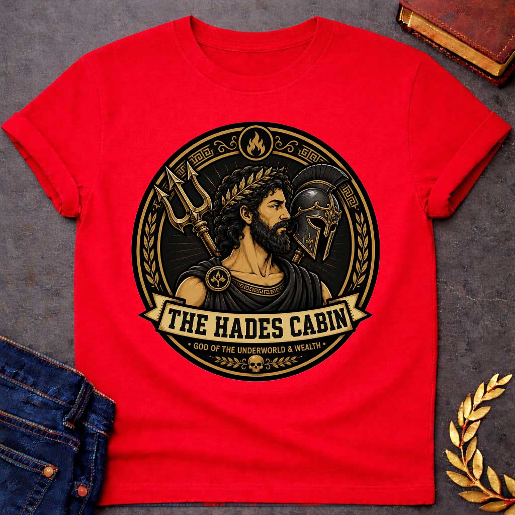 Red t-shirt with a Hades Greek mythology cabin design featuring the bearded god of the Underworld wearing a laurel crown, surrounded by a golden bident, warrior helmet, flames, Greek key patterns, and a skull. Black and gold circular emblem includes the text “The Hades Cabin” and “God of the Underworld & Wealth,”