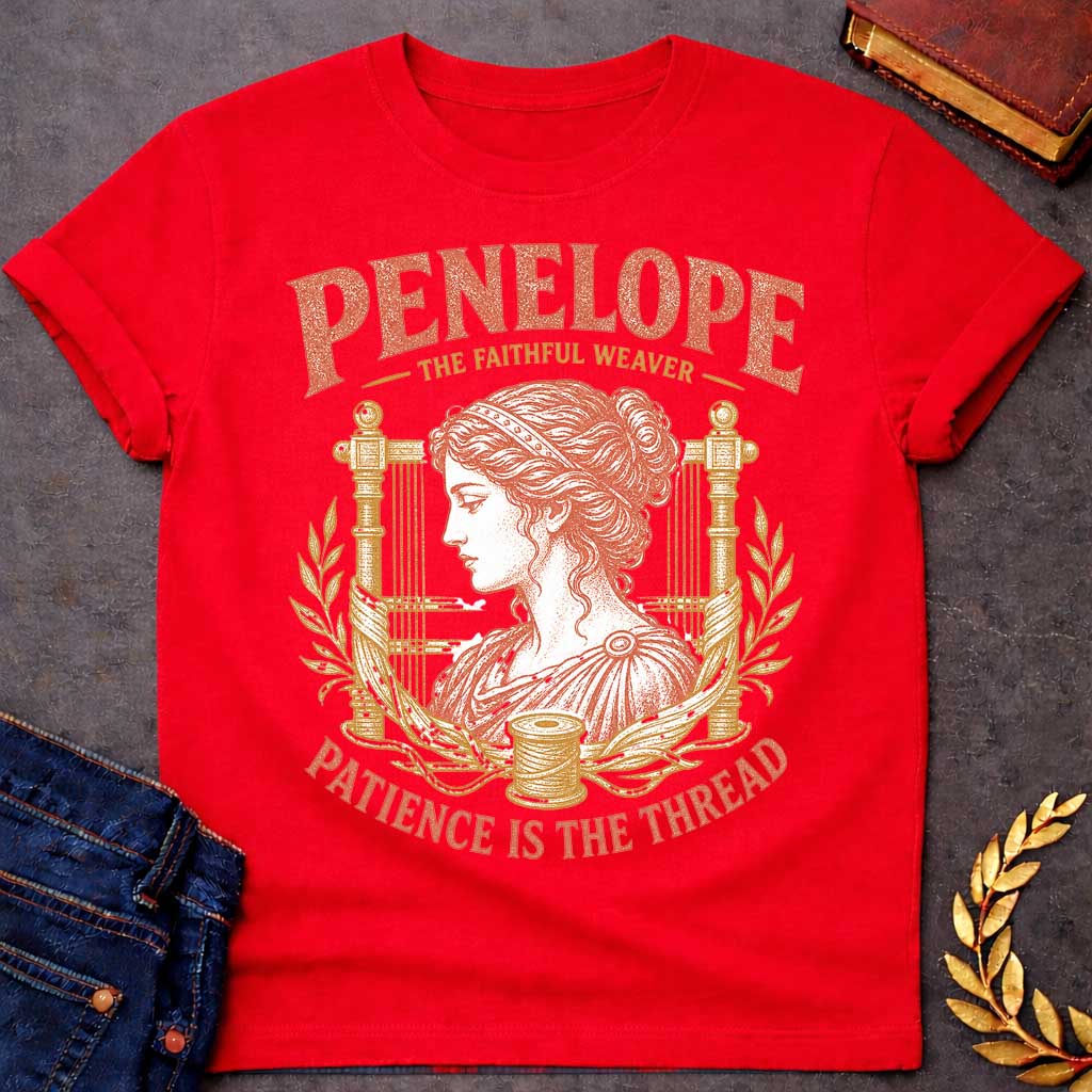 Red t-shirt with a Vintage Penelope Greek mythology design featuring the faithful weaver in profile, framed by an ancient loom, laurel branches, flowing thread, and a spool. Distressed terracotta and gold artwork includes the text “Penelope,” “The Faithful Weaver,” and “Patience Is the Thread,” inspired by her loyalty and perseverance in The Odyssey.