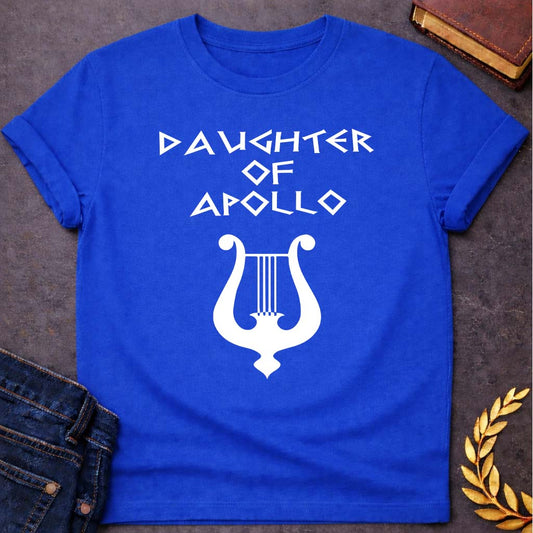 daughter of apollo unisex softstyle adult t shirt featuring detailed Greek mythology artwork, symbolic design, and bold graphic style