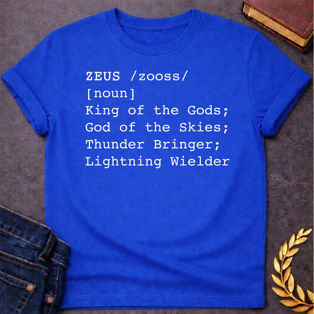 zeus dictionary definition greek mythology unisex softstyle adult t shirt featuring lightning bolt, sky god power symbolism in bold Greek mythology design