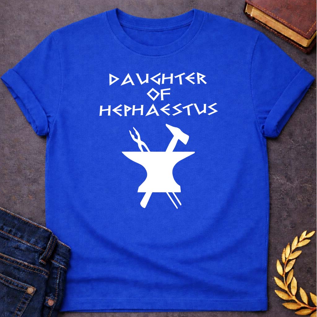 daughter of hephaestus unisex softstyle adult t shirt featuring blacksmith hammer, forge sparks, fire god symbolism in industrial mythology design