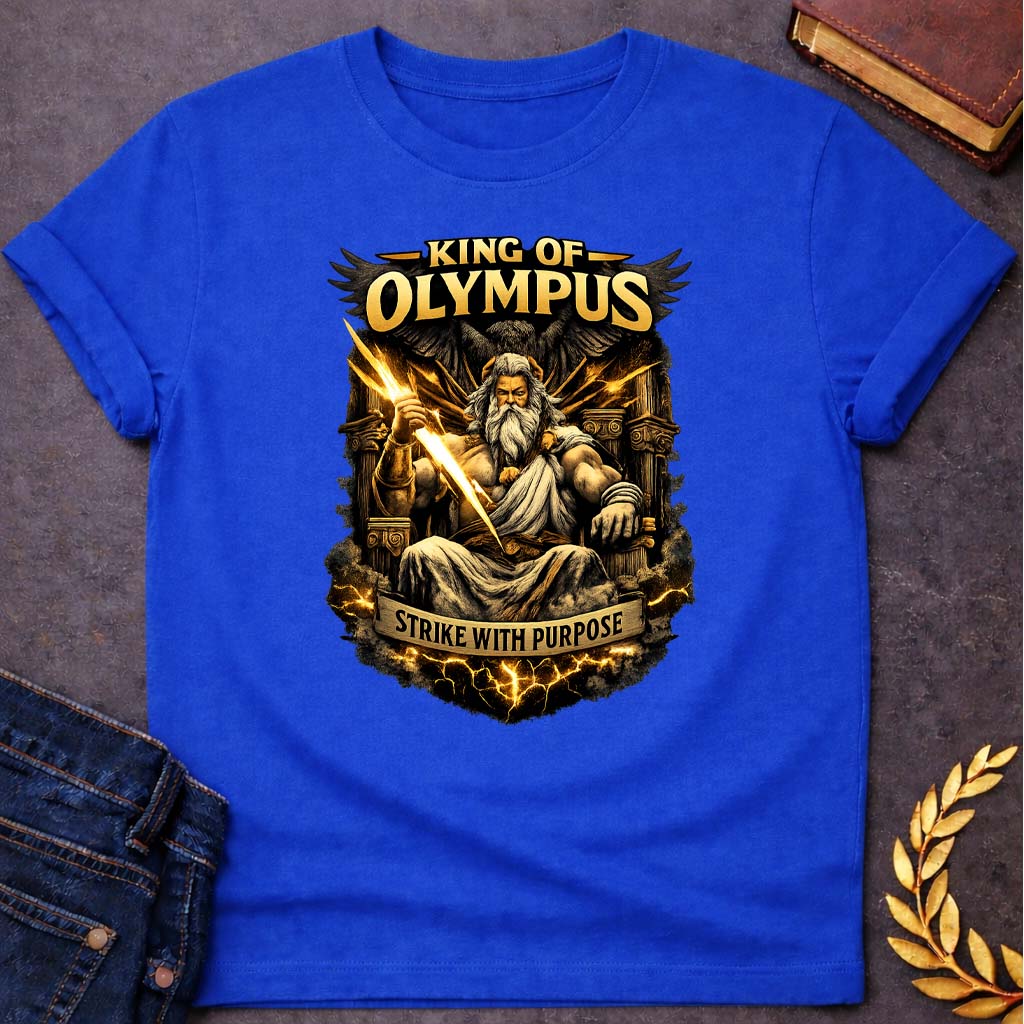 zeus king of olympus strike with purpose greek mythology unisex softstyle t shirt featuring lightning bolt, sky god power symbolism in bold Greek mythology design