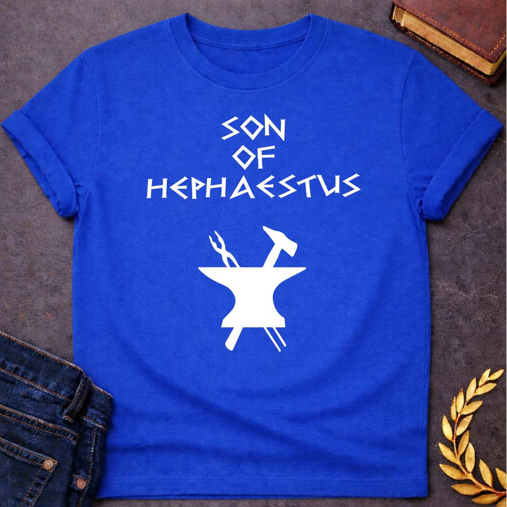 son of hephaestus greek mythology unisex softstyle adult t shirt featuring blacksmith hammer, forge sparks, fire god symbolism in industrial mythology design