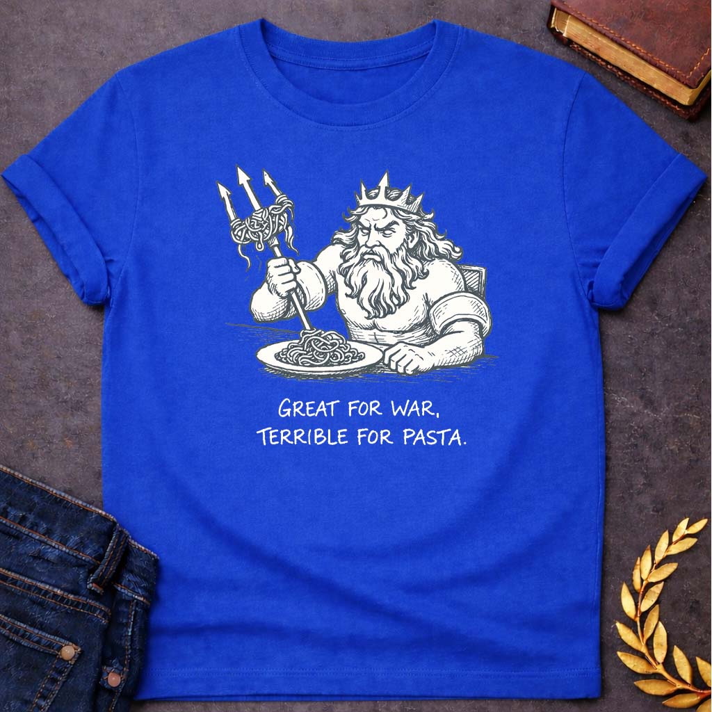 poseidon great for war terrible for pasta greek mythology adult t shirt featuring trident, ocean waves, sea god symbolism in Greek mythology design