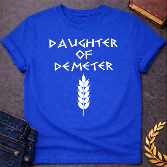 daughter of demeter unisex softstyle adult t shirt featuring detailed Greek mythology artwork, symbolic design, and bold graphic style