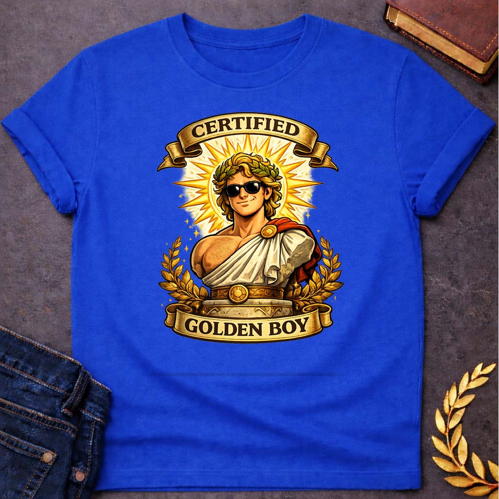 apollo certified golden boy greek mythology unisex softstyle adult t shirt featuring detailed Greek mythology artwork, symbolic design, and bold graphic style