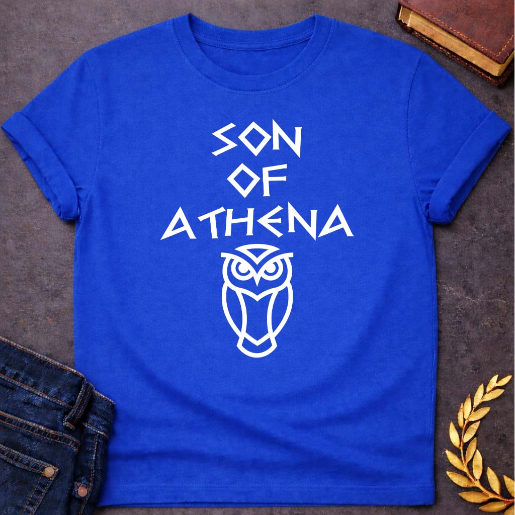 son of athena greek mythology unisex softstyle adult t shirt featuring owl, laurel wreath, wisdom symbolism in vintage Greek mythology design