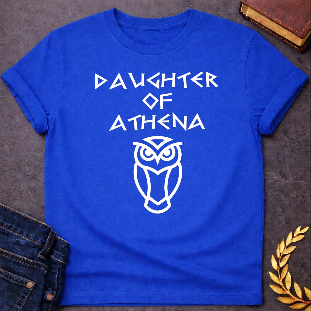 daughter of athena unisex softstyle adult t shirt featuring owl, laurel wreath, wisdom symbolism in vintage Greek mythology design