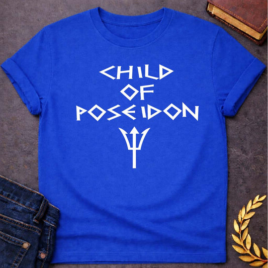 child of poseidon greek mythology unisex softstyle adult t shirt featuring trident, ocean waves, sea god symbolism in Greek mythology design