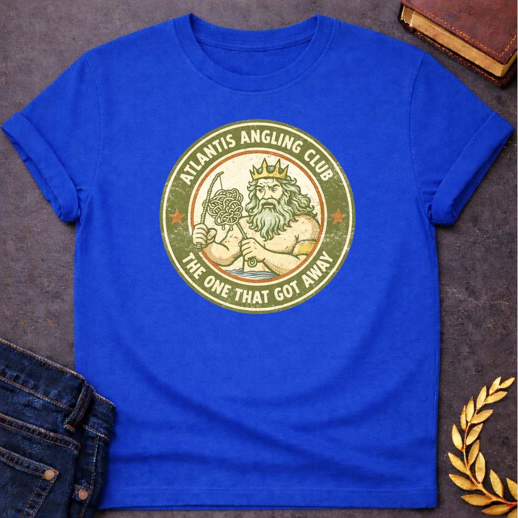 poseidon atlantis angling club greek mythology adult t shirt featuring trident, ocean waves, sea god symbolism in Greek mythology design