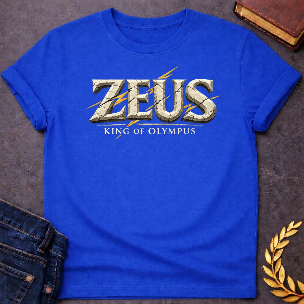 zeus king of olympus greek mythology adult t shirt featuring lightning bolt, sky god power symbolism in bold Greek mythology design
