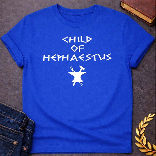 child of hephaestus greek mythology unisex softstyle adult t shirt featuring blacksmith hammer, forge sparks, fire god symbolism in industrial mythology design