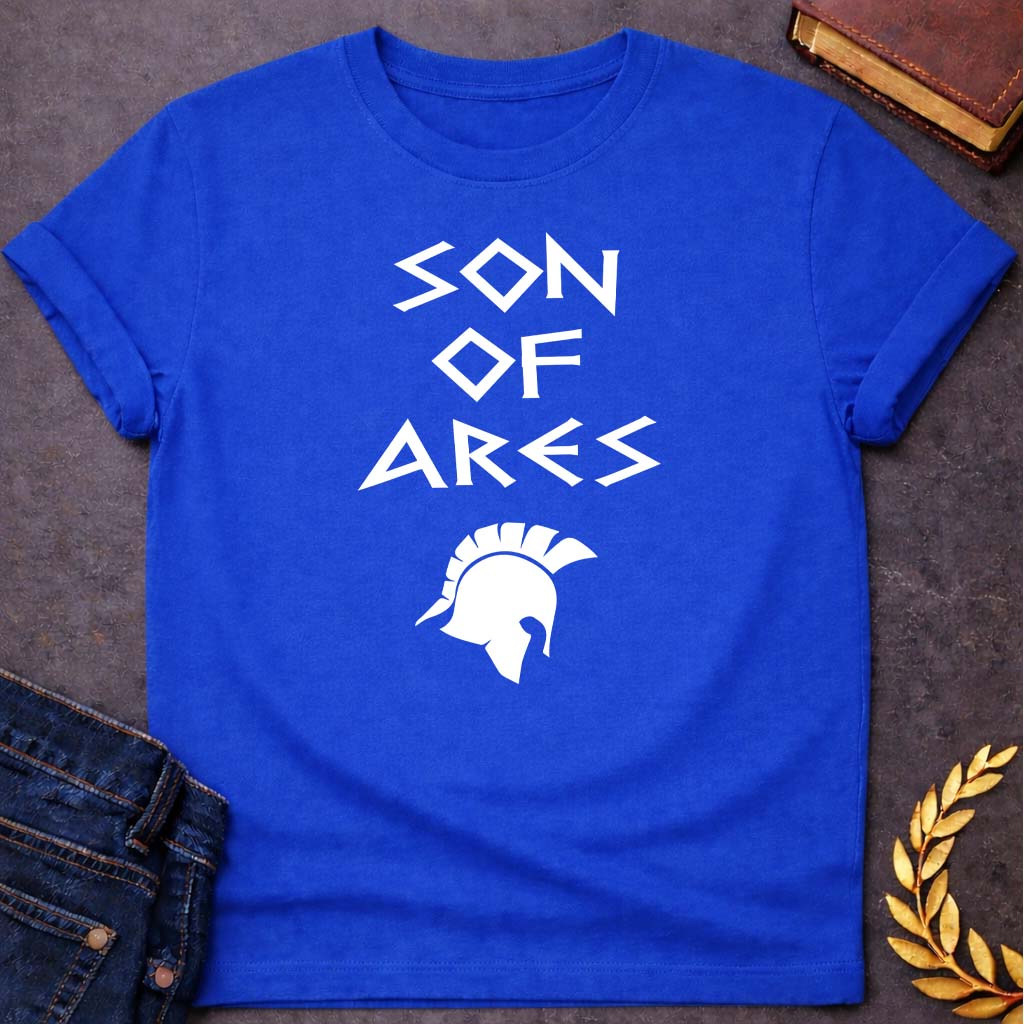 son of ares greek mythology unisex softstyle adult t shirt featuring warrior armor, battle symbolism, god of war Greek mythology design