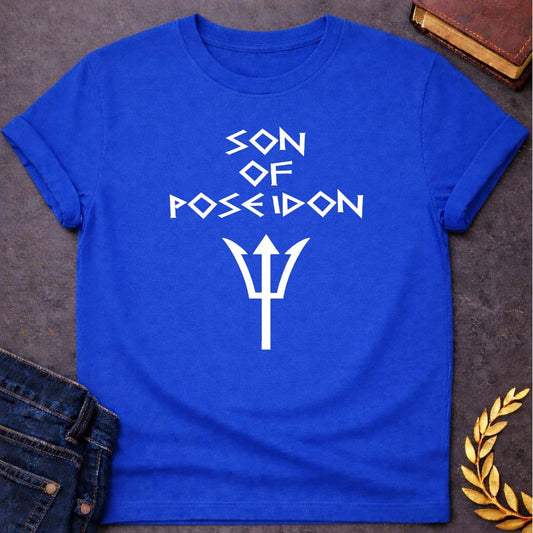 son of poseidon greek mythology unisex softstyle adult t shirt featuring trident, ocean waves, sea god symbolism in Greek mythology design