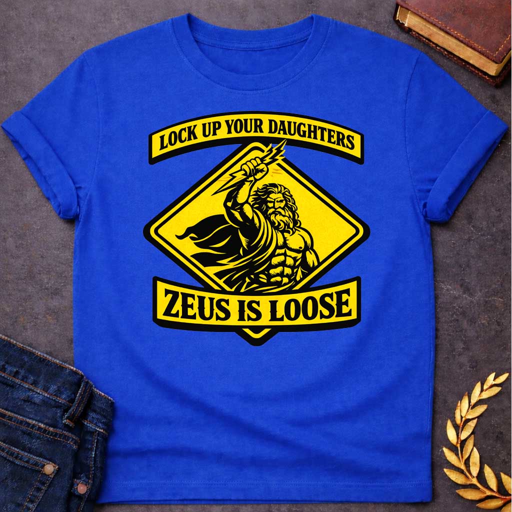 zeus lock up your daughters greek mythology adult t shirt featuring lightning bolt, sky god power symbolism in bold Greek mythology design