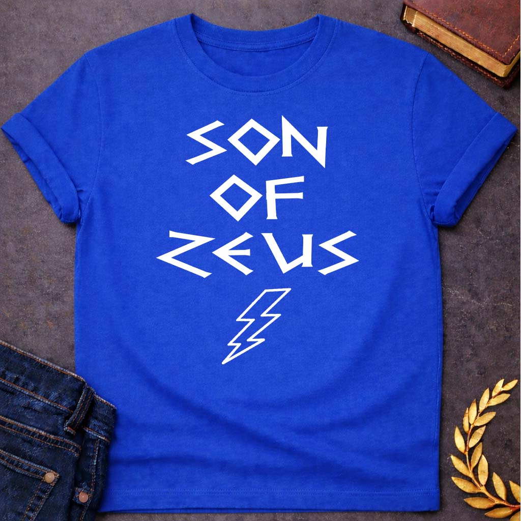 son of zeus greek mythology unisex softstyle adult t shirt featuring lightning bolt, sky god power symbolism in bold Greek mythology design