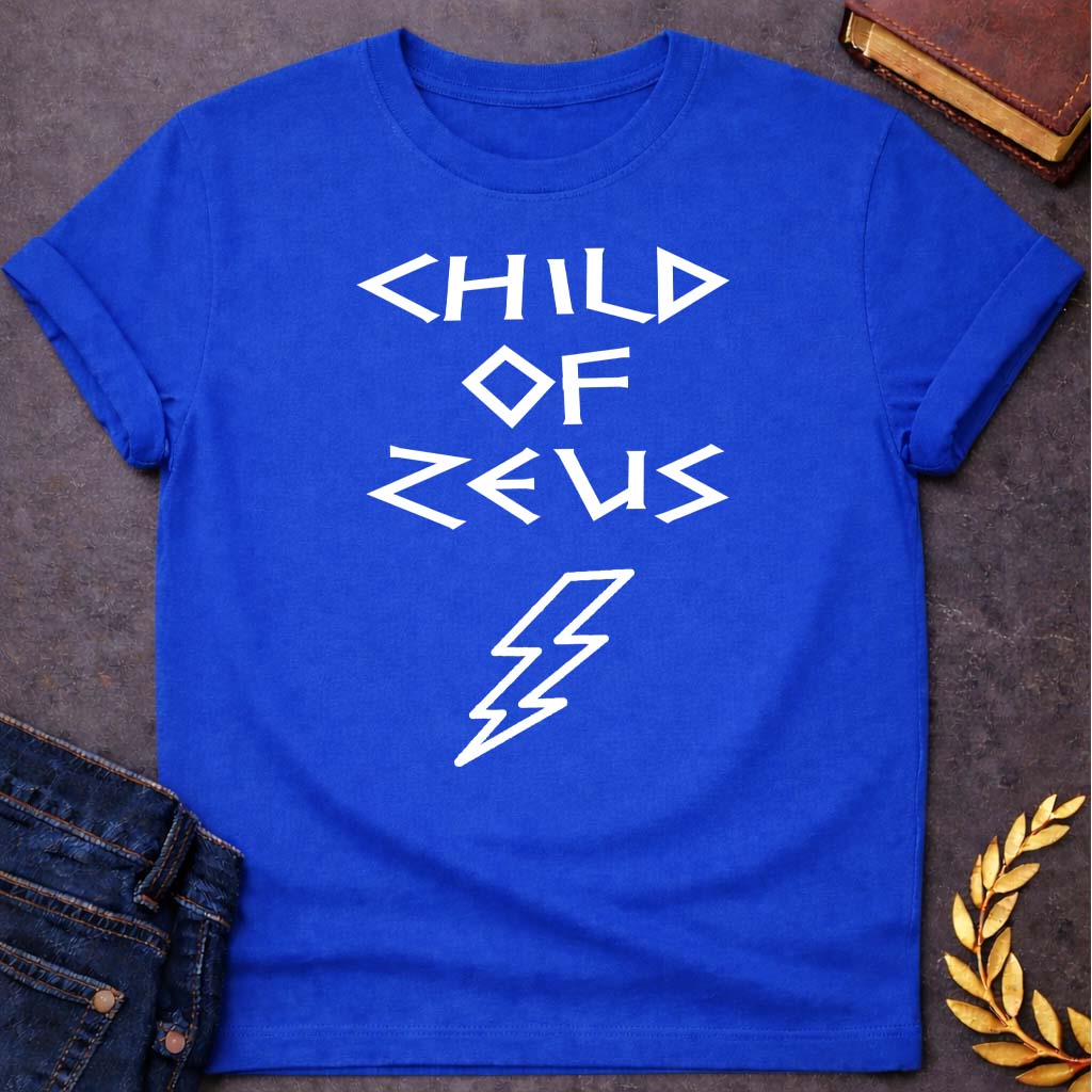 child of zeus greek mythology unisex softstyle adult t shirt featuring lightning bolt, sky god power symbolism in bold Greek mythology design