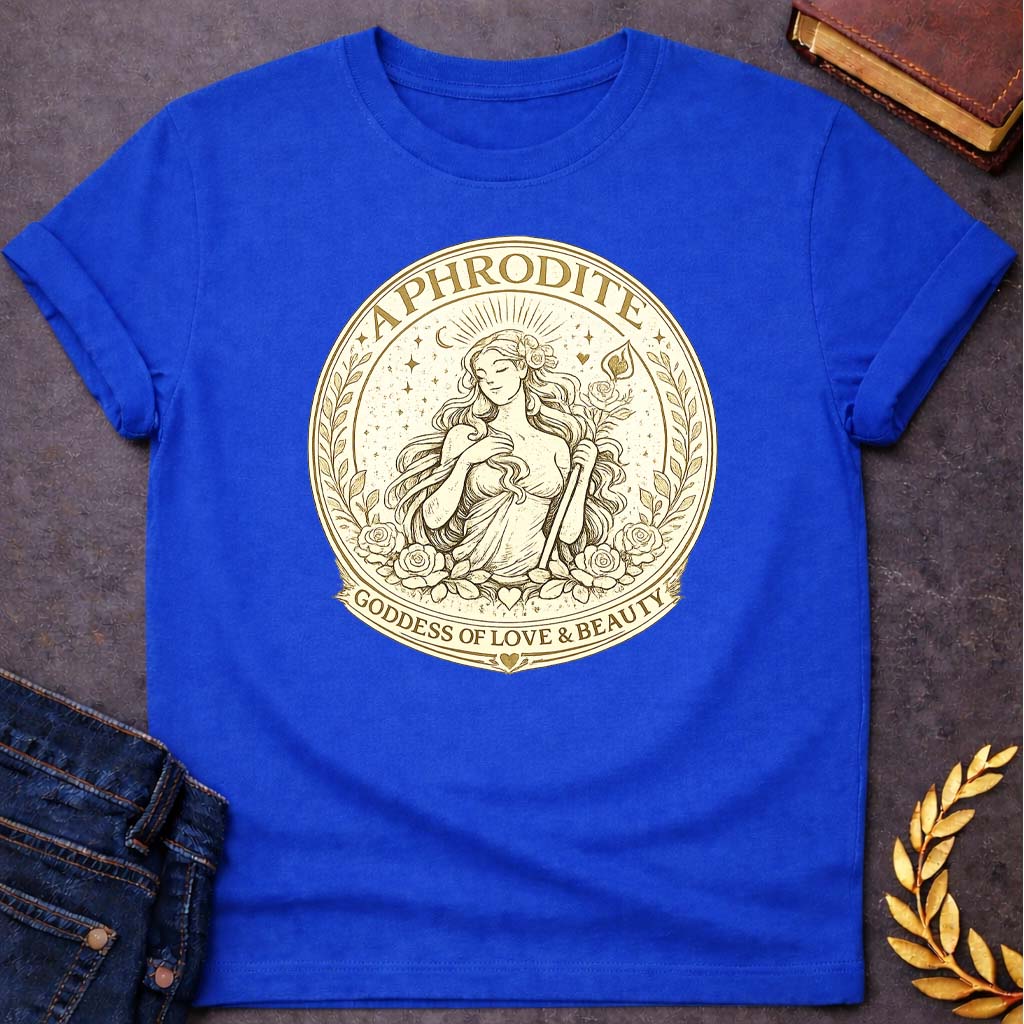 aphrodite goddess of love beauty greek mythology youth heavy cotton™ tee featuring detailed Greek mythology artwork, symbolic design, and bold graphic style