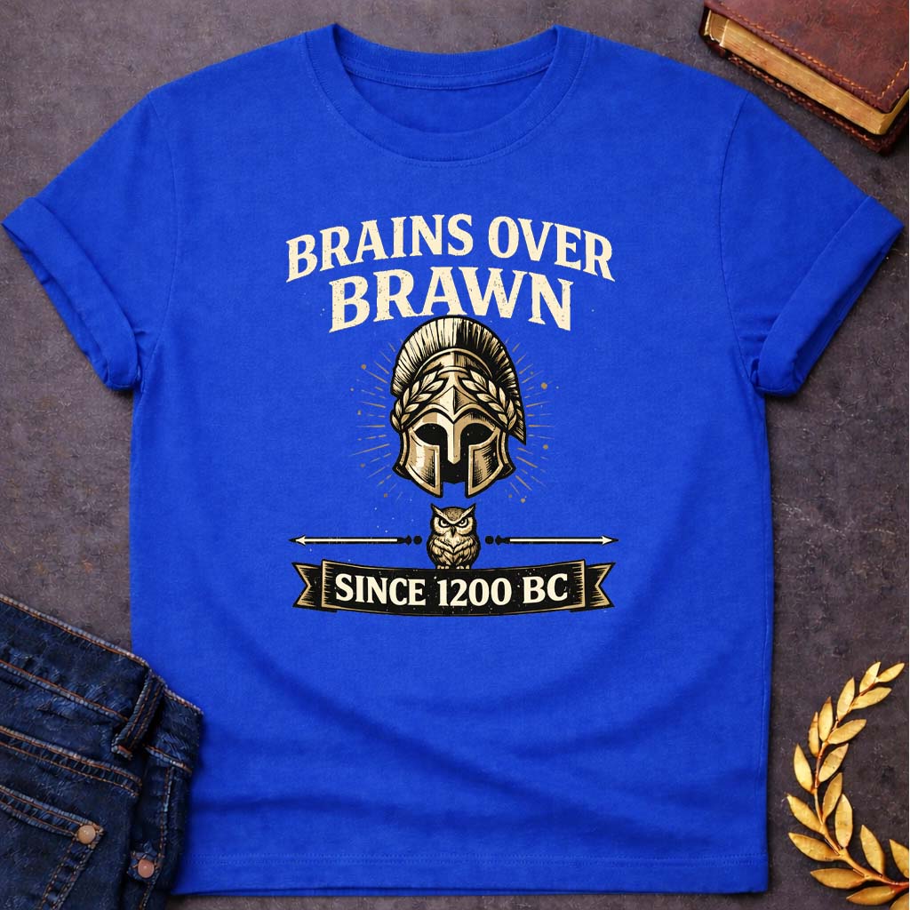 athena brains over brawn greek mythology youth t shirt featuring owl, laurel wreath, wisdom symbolism in vintage Greek mythology design