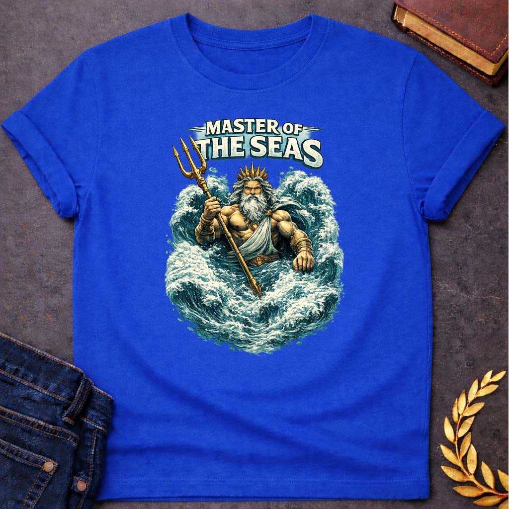 poseidon master to the seas greek mythology unisex softstyle t shirt featuring trident, ocean waves, sea god symbolism in Greek mythology design
