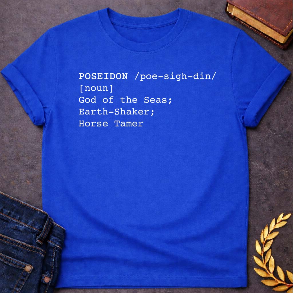 poseidon dictionary definition greek mythology unisex softstyle adult t shirt featuring trident, ocean waves, sea god symbolism in Greek mythology design