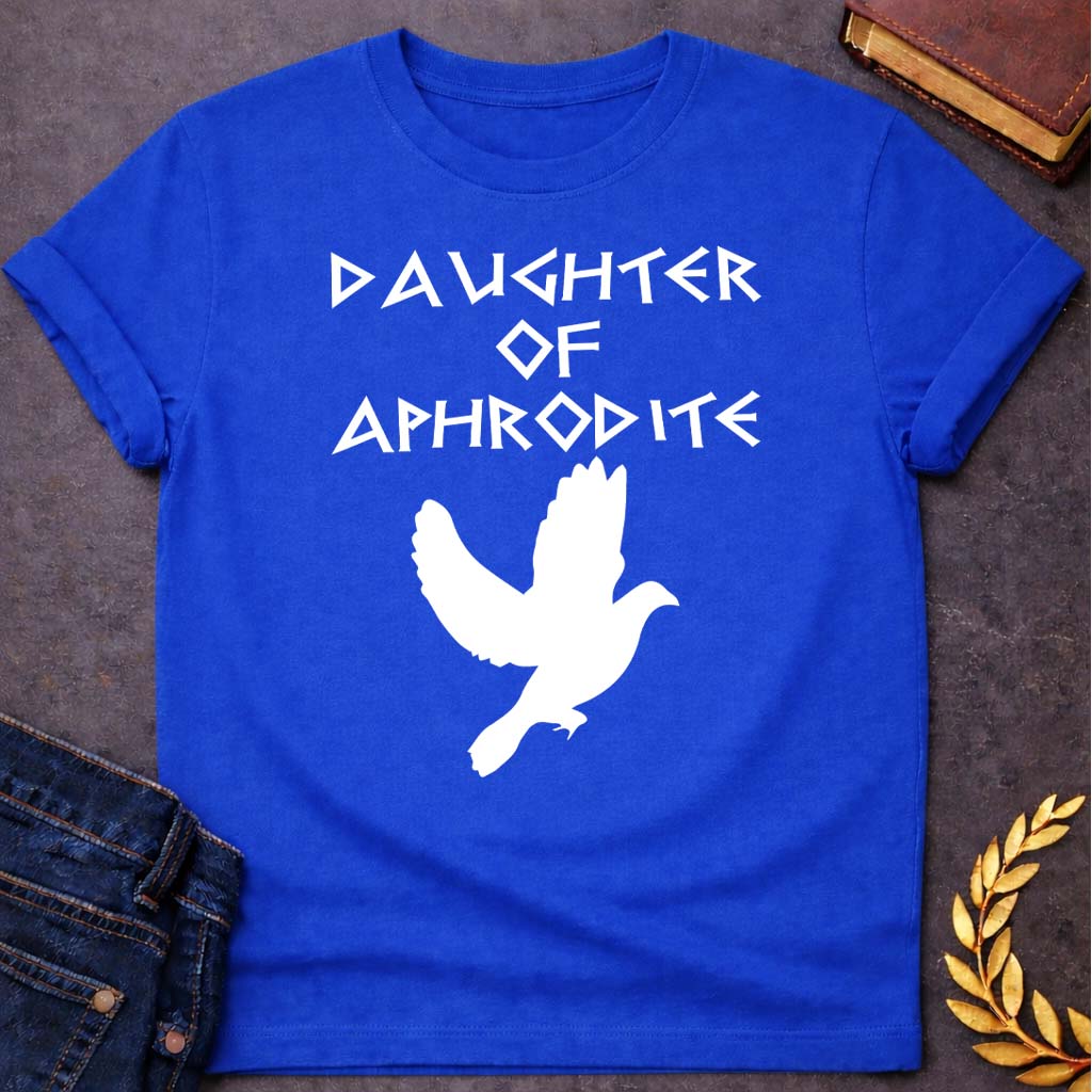 daughter of aphrodite unisex softstyle adult t shirt featuring detailed Greek mythology artwork, symbolic design, and bold graphic style