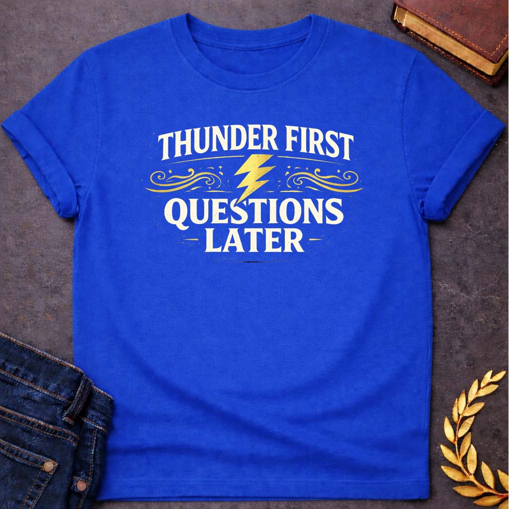 zeus thunder first questions later gym greek mythology youth t shirt featuring lightning bolt, sky god power symbolism in bold Greek mythology design