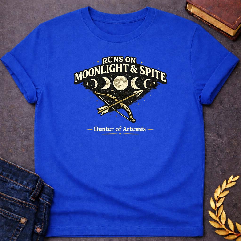 artemis runs on moonlight spite greek mythology youth t shirt featuring detailed Greek mythology artwork, symbolic design, and bold graphic style
