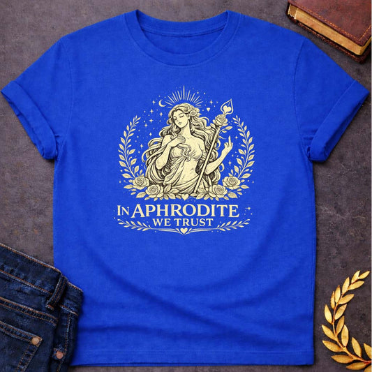 In Aphrodite We Trust Greek Mythology Youth T-Shirt featuring detailed Greek mythology artwork, symbolic design, and bold graphic style