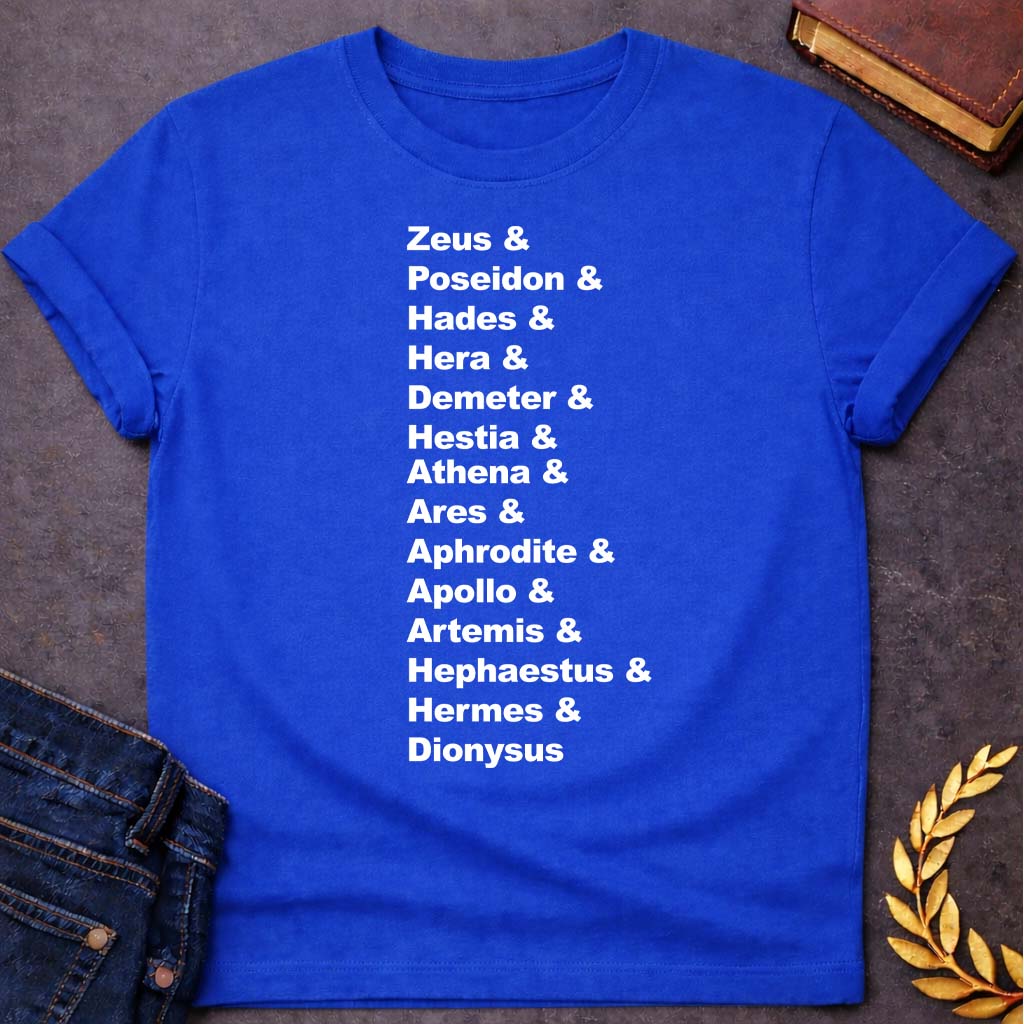 greek mythology god names unisex softstyle adult t shirt featuring detailed Greek mythology artwork, symbolic design, and bold graphic style
