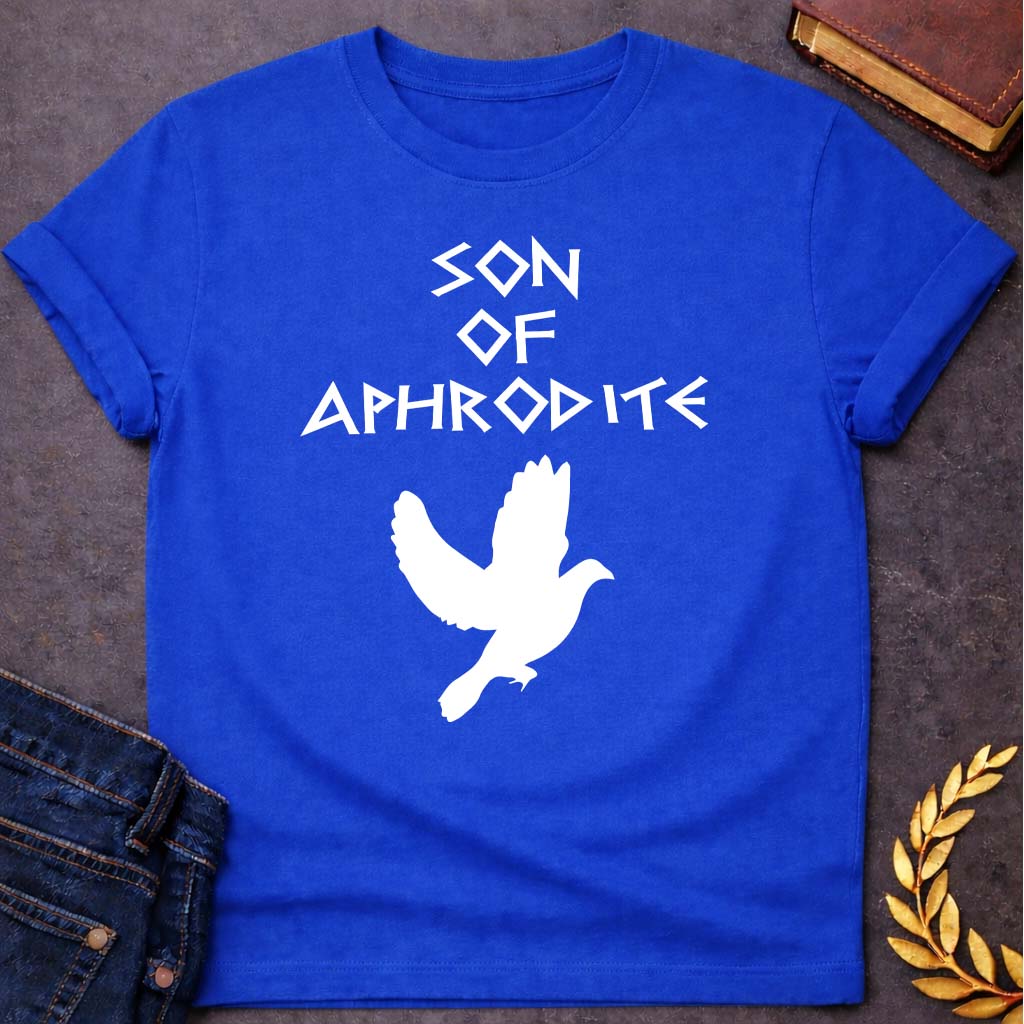 son of aphrodite greek mythology unisex softstyle adult t shirt featuring detailed Greek mythology artwork, symbolic design, and bold graphic style