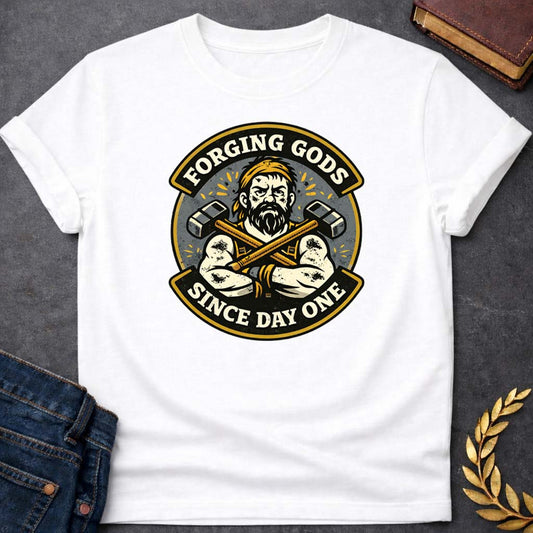 hephaestus forging gods since day one greek mythology adult t shirt featuring blacksmith hammer, forge sparks, fire god symbolism in industrial mythology design